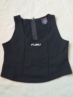 FUBU Black Cropped Knit Tank Top Seam Detail Zipper Back Y2K NWT Size Medium